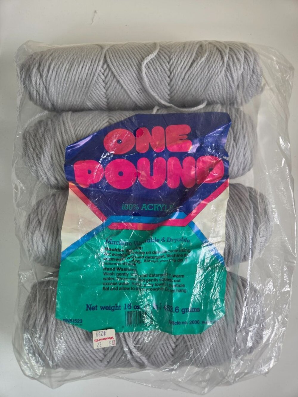 Vtg One Pound Yarn 100% Acrylic Light Gray 16 oz Made In USA